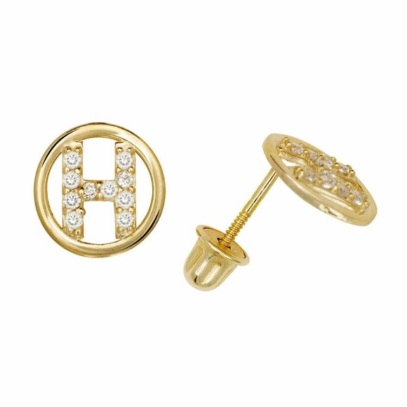 14K Solid Yellow Gold 8mm Letter Initial Halo CZ Stud Alphabet Earrings - Picture 9 of 15